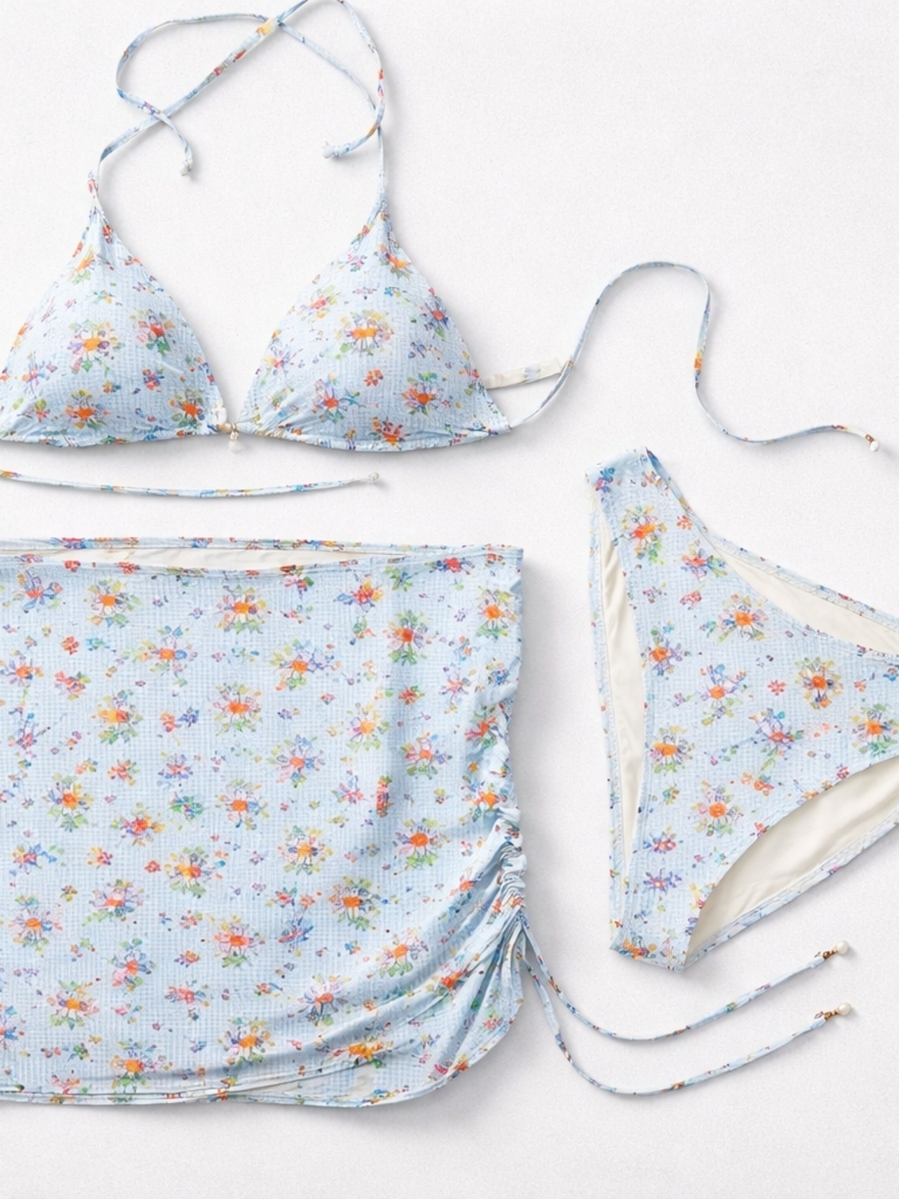 YMI 3-Piece Bikini Set XL – Blue Gingham Tropical Print – Triangle Top + Sarong
